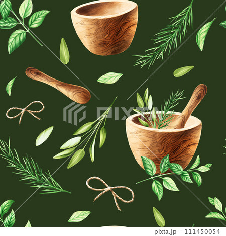Watercolor seamless pattern with aromatic herbs and wooden mortar and pestle. Illustrations of fresh rosemary, mint, sage isolated on background. Detail of beauty products and botany set, cosmetology Watercolor seamless pattern with aromatic herbs and wooden mortar and pestle. Illustrations of fresh rosemary, mint, sage isolated on background. Detail of beauty products and botany set, cosmetology 111450054
