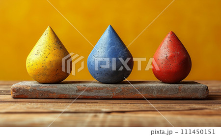 Trio of textured cones in primary colors on a wooden shelf with a yellow background 111450151