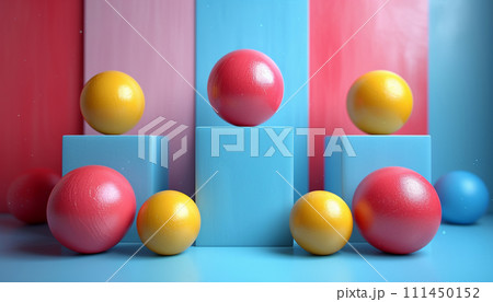 Vibrant spheres balanced on matte blocks against a multicolored striped background. 111450152