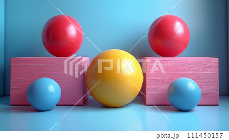 Vibrant spheres balanced on matte blocks against a multicolored striped background. 111450157