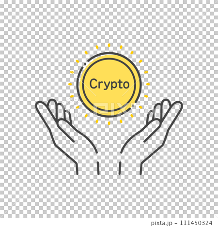 A simple illustration of a person's hand holding Crypto letters and coins - Cryptocurrency/token image 111450324