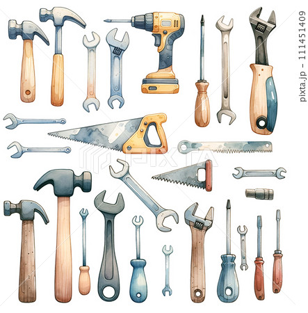 Watercolor illustration of various hand tools isolated on white background. 111451409