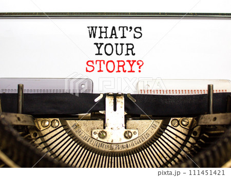 Storytelling what is your story symbol. Concept words What is your story typed on old retro typewriter. Beautiful white paper background. Business storytelling what is your story concept. Copy space. 111451421
