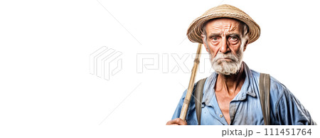 Excited irritated angry male farmer in work clothes, white background isolate. 111451764
