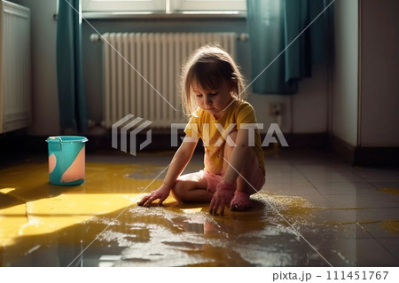 A small child cleans the floor at home, puts things in order. 111451767