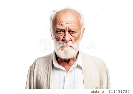 An elderly man grandfather shouts in angry anger, aggressively disappointed, white background isolate. . 111451783