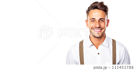 Close-up of a smiling man salesman in uniform, on a white background. Close-up of a smiling man salesman in uniform, on a white background. 111451788