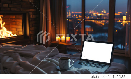 AI-generated content. Laptop Computer on Bed 111451824