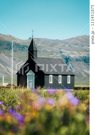 Budakirkja is the famous black church with flower blooming in summer at Iceland Budakirkja is the famous black church with flower blooming in summer at Iceland 111451875