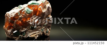 Ulrichite is a rare precious natural stone on a black background. AI generated. Header banner mockup with space. 111452150