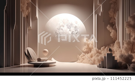 Interior with circular architecture form in 3D style. Abstract room with arc element and trees. Generated AI. 111452225