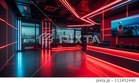 Futuristic interior design with neon lights in a modern office space. stylish furniture and high-tech ambience depicted. AI 111452440
