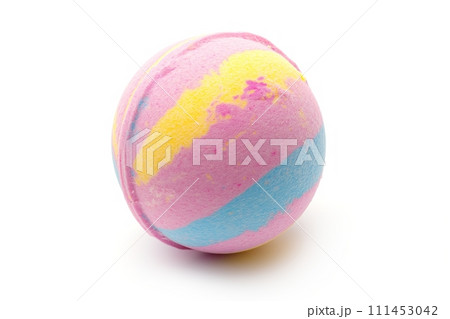 A single colorful bath bomb isolated on a white background A single colorful bath bomb isolated on a white background 111453042