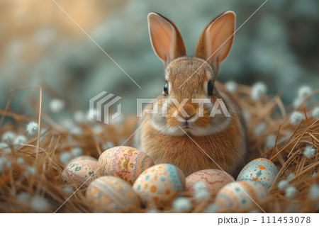 A Soft Whisper of Spring, Bunny Ears and Gentle Eyes Amidst Easter's Speckled Canvas, Eggs, Postcard 111453078