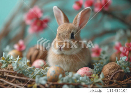 A Soft Whisper of Spring, Bunny Ears and Gentle Eyes Amidst Easter's Speckled Canvas, Eggs, Postcard 111453104