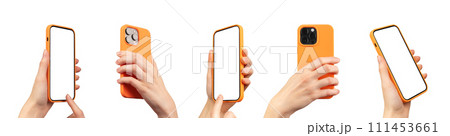 Berlin Germany January 21 2024 Hands holding Iphone, screens mockups, photo with camera isolated Berlin Germany January 21 2024 Hands holding Iphone, screens mockups, photo with camera isolated 111453661
