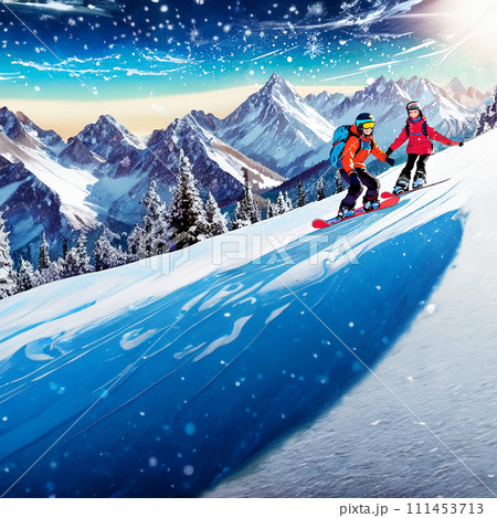 スキー場でスノーボードをする人々のイラスト 111453713