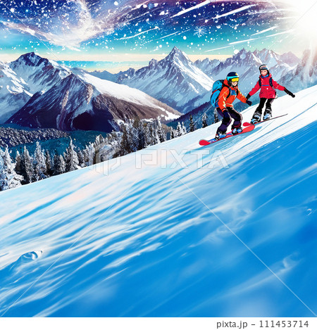 スキー場でスノーボードをする人々のイラスト スキー場でスノーボードをする人々のイラスト 111453714