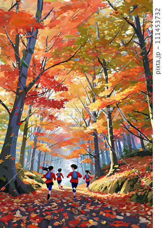 紅葉の森を走る人々のイラストのイラスト素材 [111453732] - PIXTA