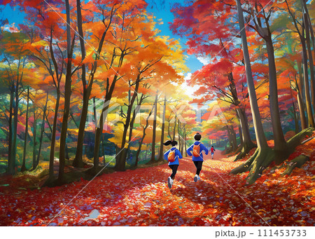 紅葉の森を走る人々のイラスト 111453733
