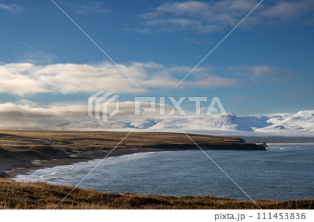 Autumn landscape with a snow mountains, North Icleand 111453836