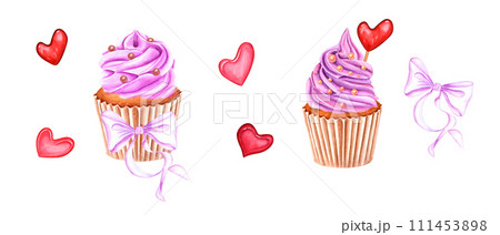 Muffins decorated with pink whipped cream, sweet sprinkles and pink bow. Dragee, candy, cake. Heart-shaped caramel on stick. Cupcake in paper wrapper. Watercolor illustration. For package, menu 111453898