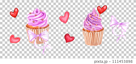 Muffins decorated with pink whipped cream, sweet sprinkles and pink bow. Dragee, candy, cake. Heart-shaped caramel on stick. Cupcake in paper wrapper. Watercolor illustration. For package, menu 111453898