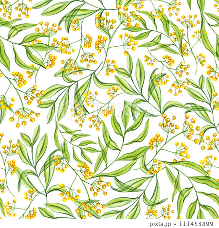 Yellow abstract flowers and green branches of leaves. Spring seamless pattern. Plants in transparent style. Watercolor illustration. For Valentines day, mothers day textile, package 111453899