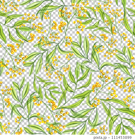Yellow abstract flowers and green branches of leaves. Spring seamless pattern. Plants in transparent style. Watercolor illustration. For Valentines day, mothers day textile, package 111453899
