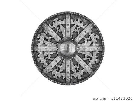 Old decorated metal round shield isolated on white background 111453920