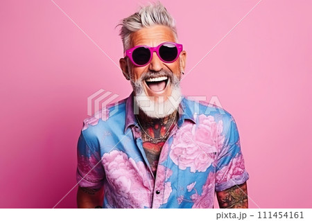 Happy smiling laughing senior mature man with gray hairs and beard, wearing pink sunglasses Happy smiling laughing senior mature man with gray hairs and beard, wearing pink sunglasses 111454161