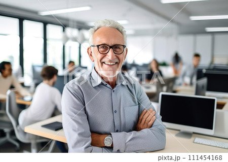 Senior CEO, manager portrait on blurred office, company background. Elderly man employee 111454168