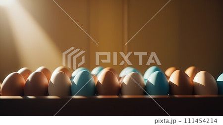 Easter eggs in sun light, sunlight beam, ray. Religious spring holiday background, banner 111454214