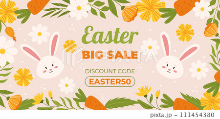 Easter sale horizontal background template for promotion. Design with painted eggs, flowers, carrots and cute bunny. Spring seasonal advertising. Hand drawn flat vector illustration. 111454380