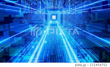 人工知能と青のサイバーデジタル背景イメージ 111454752