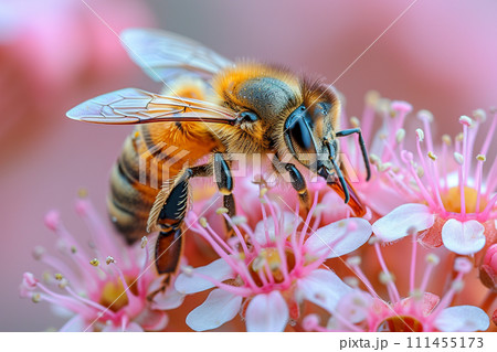AI-generated content. Honey bee pollinating flowers. summer background of flowers with bee. 111455173