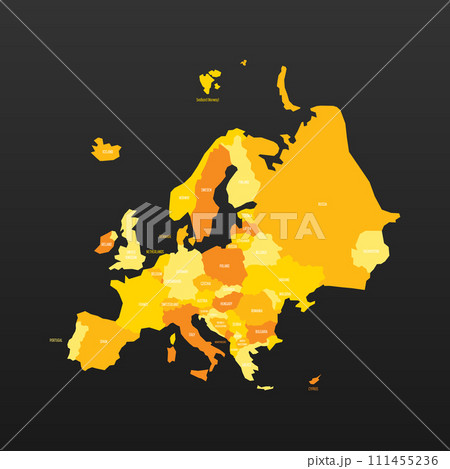 Political map of Europe. Yellow colored land with country name labels on dark gray background. Ortographic projection. Vector illustration Political map of Europe. Yellow colored land with country name labels on dark gray background. Ortographic projection. Vector illustration 111455236