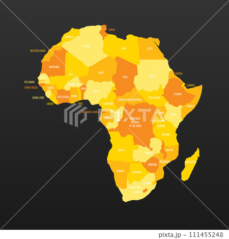 Political map of Africa. Yellow colored land with country name labels on dark gray background. Ortographic projection. Vector illustration 111455248