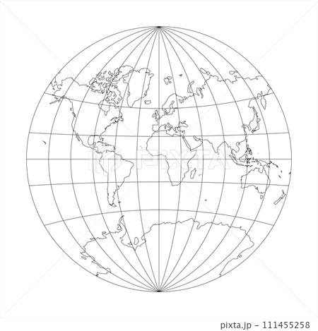 Simplified Map of World in the circle focused on Europe and Africa. Latitude and longitude grid. Van der Grinten projection. Thin black line wireframe vector illustration Simplified Map of World in the circle focused on Europe and Africa. Latitude and longitude grid. Van der Grinten projection. Thin black line wireframe vector illustration 111455258
