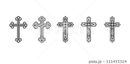 Flat Vector Black Christian Cross Icons Set Isolated on a White Background. Line Silhouette Cut Out Christian Crosses Collection 111455324