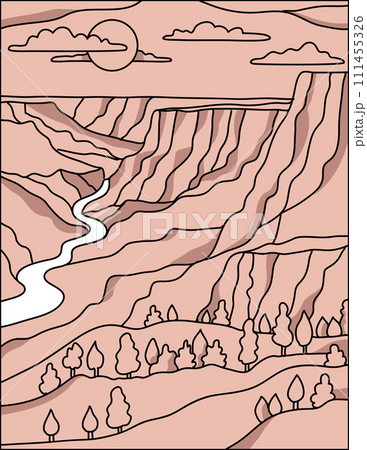 Grand Canyon and the Colorado River in Arizona Mono Line Art Grand Canyon and the Colorado River in Arizona Mono Line Art 111455326