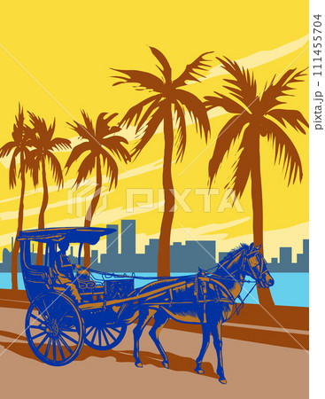 Kalesa Along Baywalk Strip in Manila Bay Philippines Art Deco WPA Poster Art 111455704