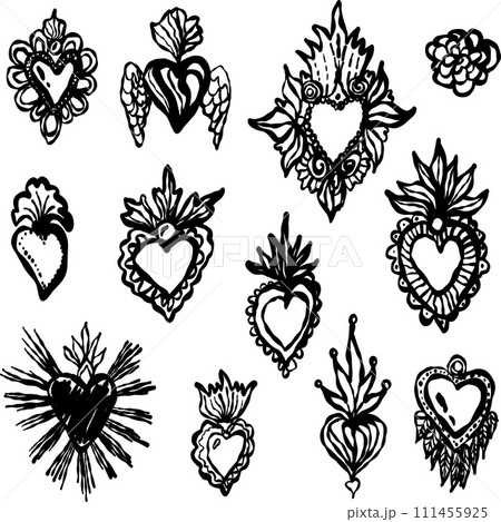 Heart with rays, wings. Vector black vintage engraving illustration isolated on a white background. For web, poster, info graphic. Heart with rays, wings. Vector black vintage engraving illustration isolated on a white background. For web, poster, info graphic. 111455925