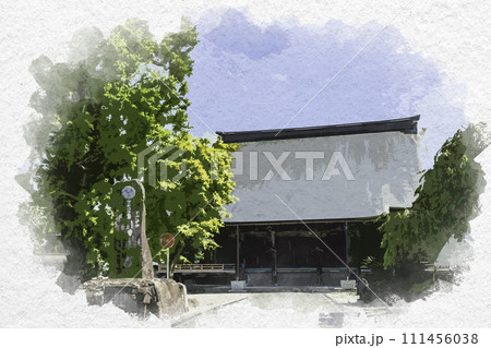 水彩画風　越中八尾　今町の町並み　聞名寺　富山県富山市 111456038