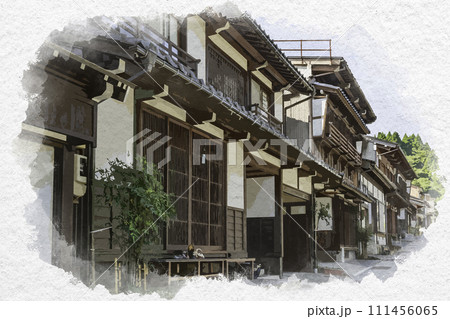 水彩画風　越中八尾　諏訪町の町並み　富山県富山市 111456065