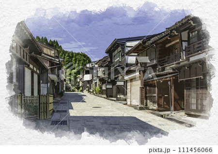 水彩画風　越中八尾　諏訪町の町並み　富山県富山市 111456066