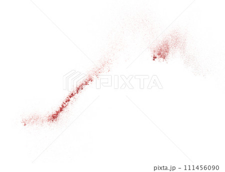 Red metallic glitter sparkle explosion in air. Red Glitter sand spark blink celebrate Chinese new year, fly throw red glitters particle. White background isolated, selective focus Blur bokeh 111456090