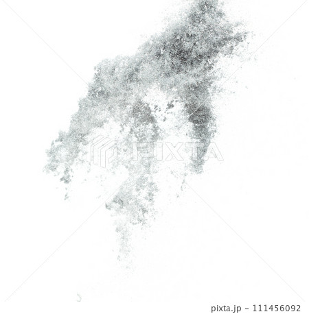 Silver metallic glitter sparkle explosion in air. Silver Glitter sand spark blink celebrate Chinese new year, fly throw silver glitters particle. White background isolated, selective focus Blur bokeh 111456092