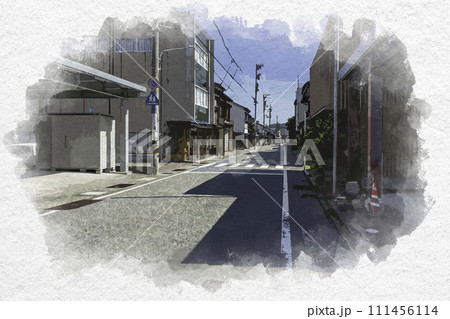 水彩画風　越中八尾　西町の町並み　富山県富山市 111456114