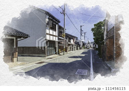 水彩画風 越中八尾 西町の町並み 富山県富山市 水彩画風 越中八尾 西町の町並み 富山県富山市 111456115